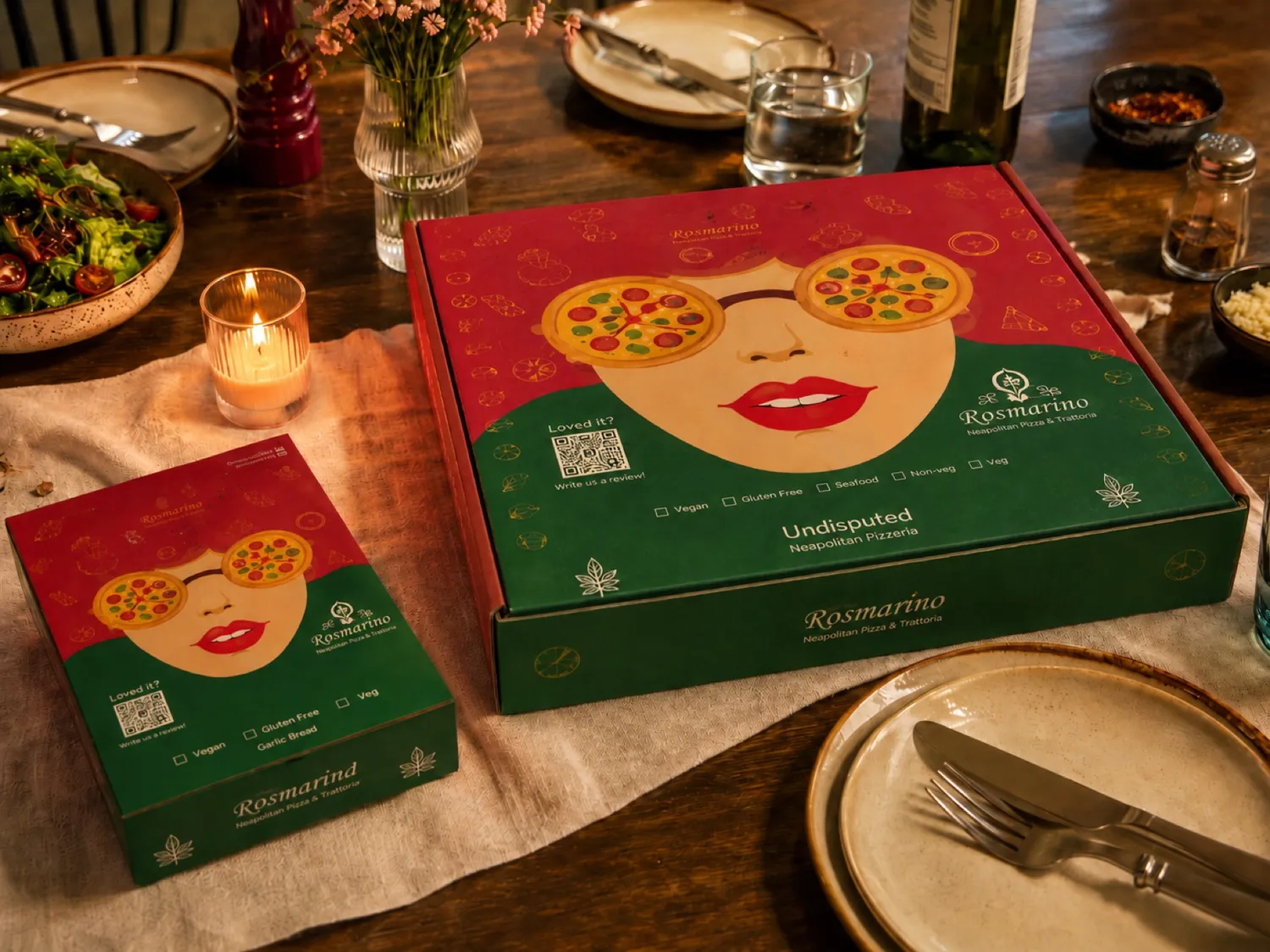 Rosmarino's signature pizza boxes packed for delivery, on a candlelit table at home