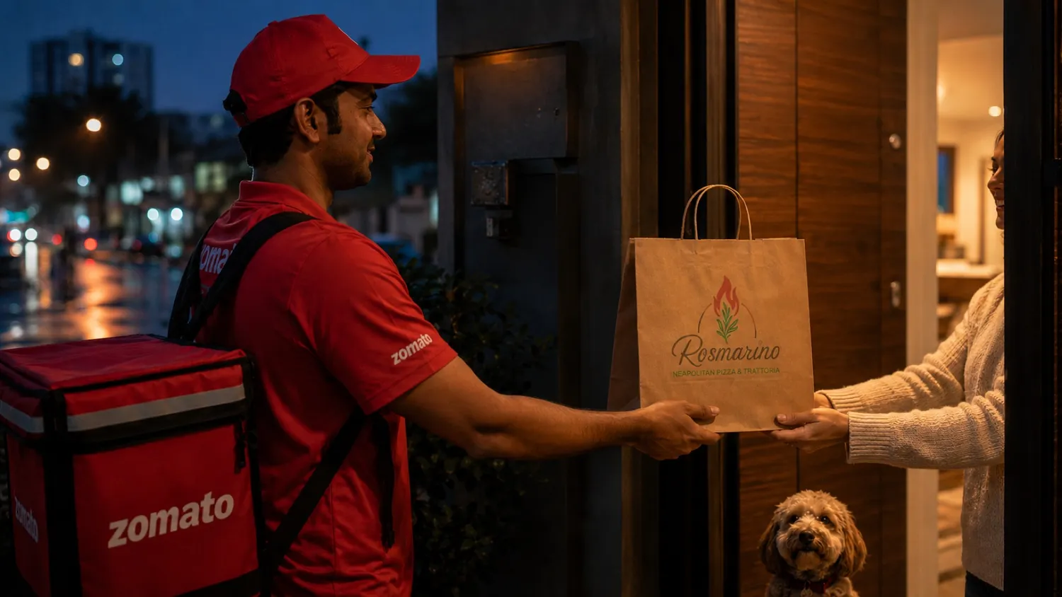 A Zomato delivery rider handing a Rosmarino paper bag to a guest at their door