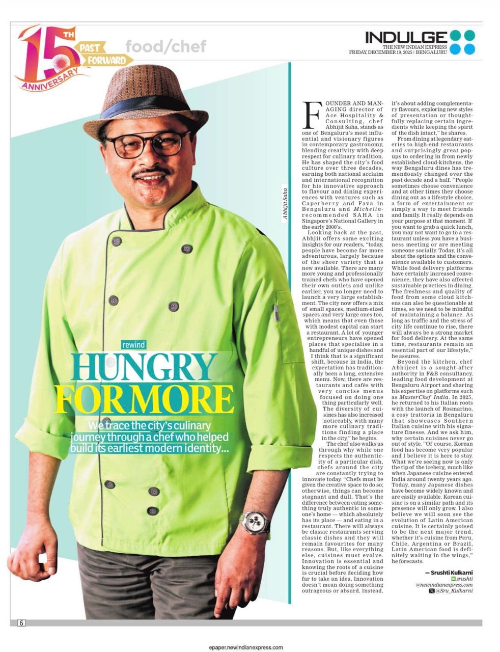 The New Indian Express feature on Chef Abhijit Saha — “Hungry for More”
