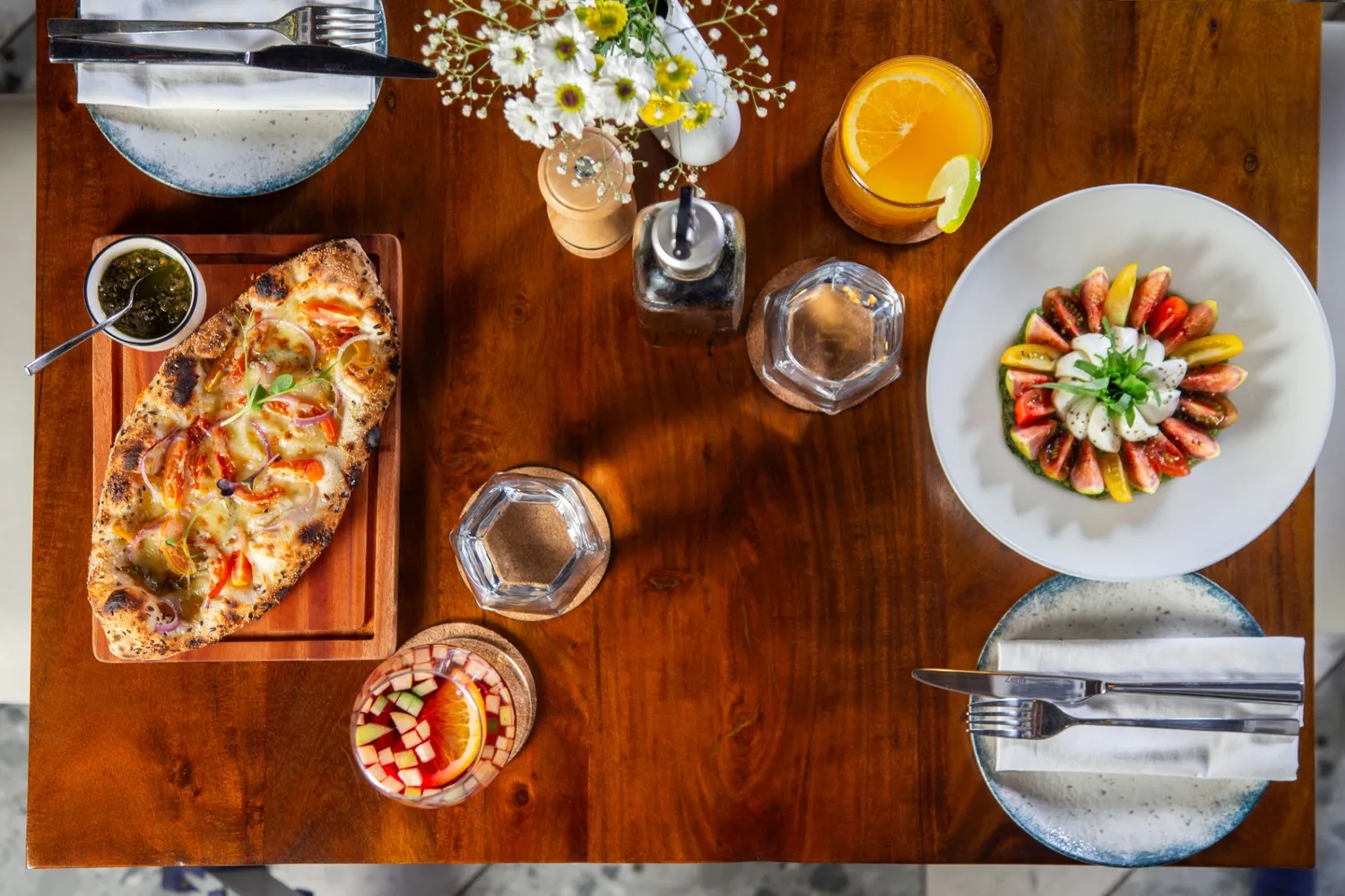 Italian dolci flatlay — cannoli, torta caprese and espresso at Rosmarino, Indiranagar