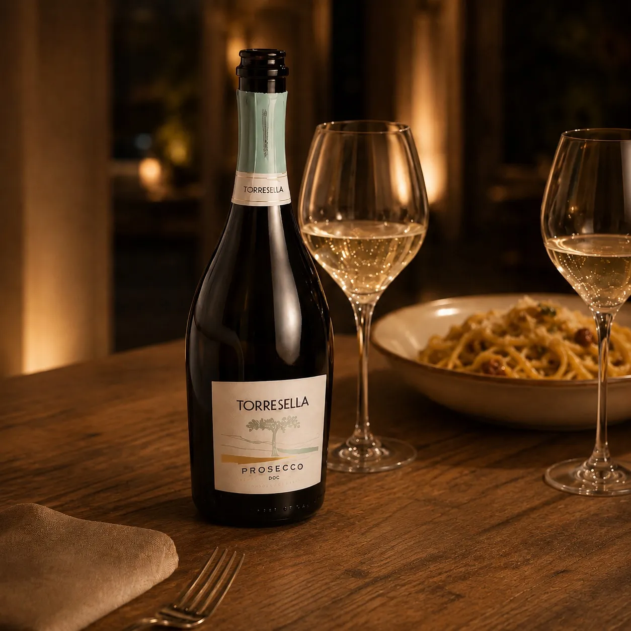 Torresella Prosecco with a glass and a bowl of pasta by candlelight at Rosmarino, Indiranagar