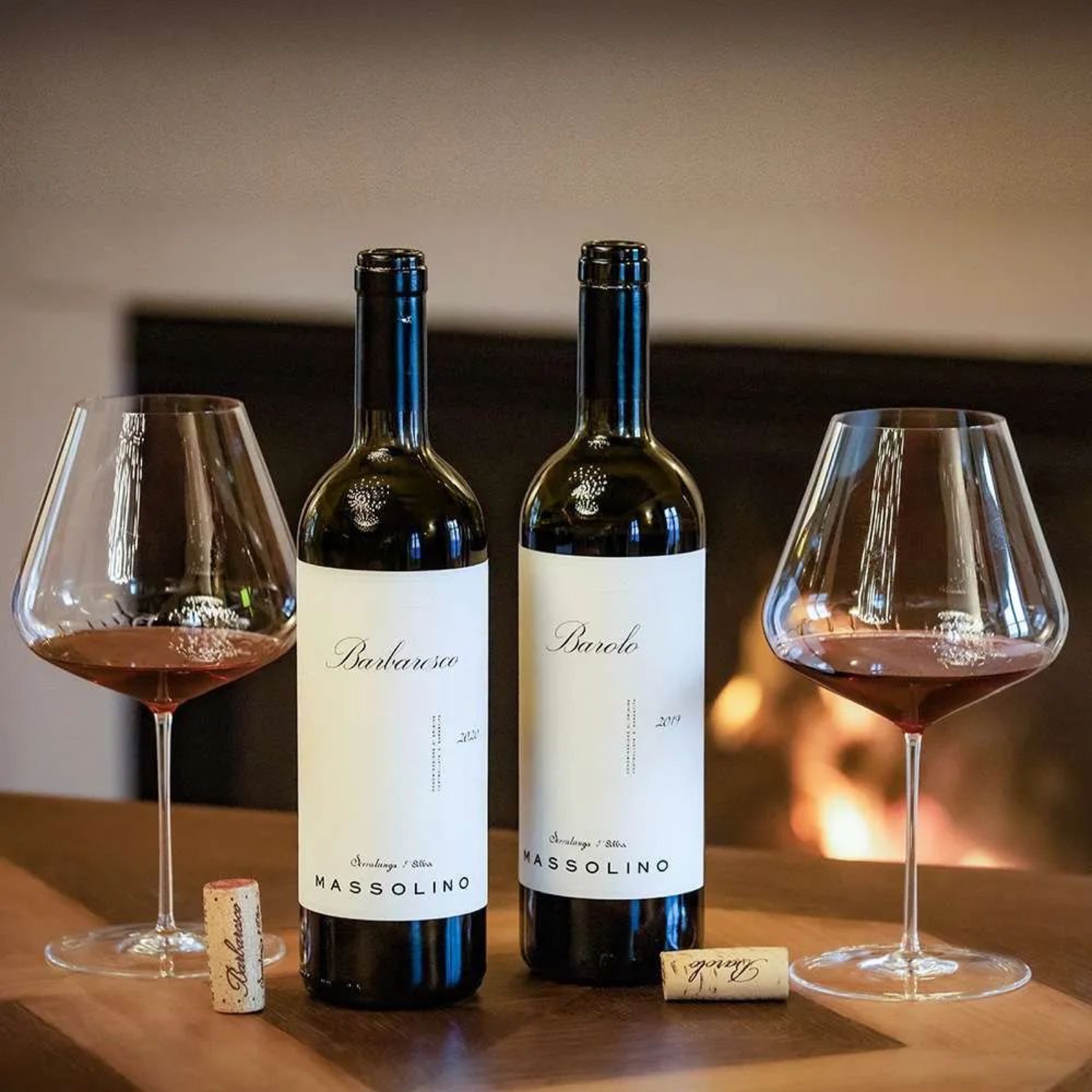 Massolino Barolo and Barbaresco with two glasses of red by the fire at Rosmarino, Indiranagar